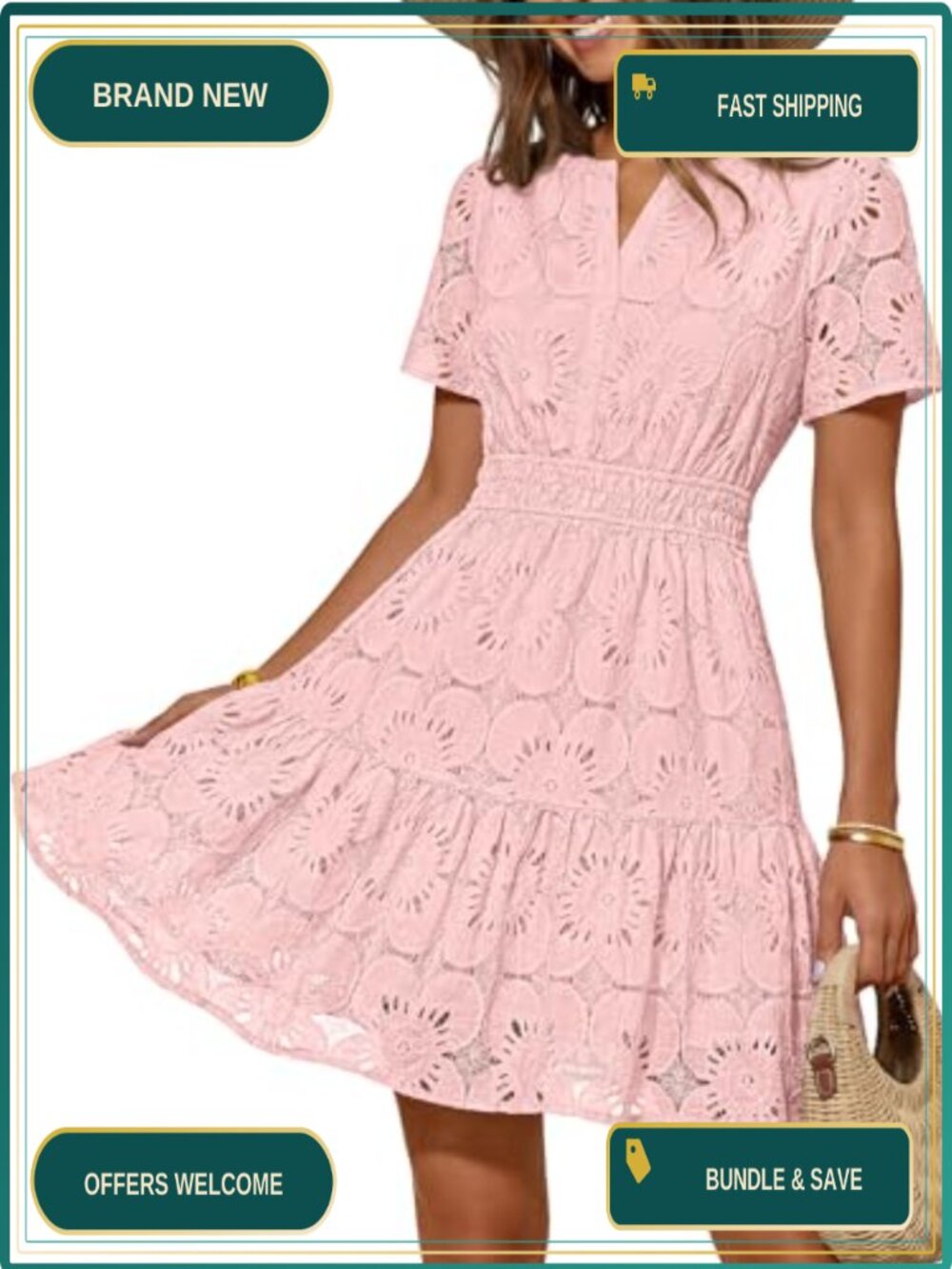 Eyelet Lace Boho Mini Dress with Puff Sleeves & Pockets